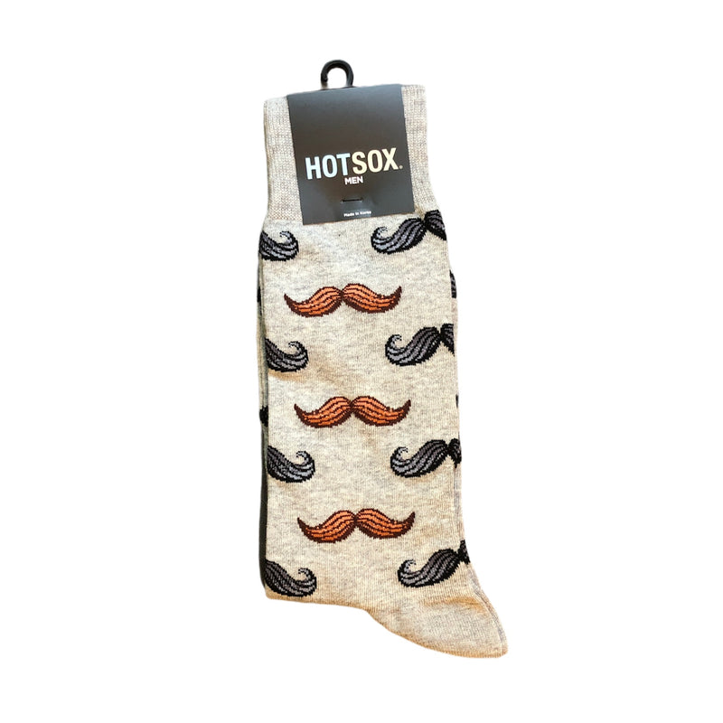 Heather grey mens socks with black and brown mustache pattern.