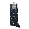 Navy blue men's socks with multi-colored flags on putting greens.