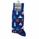 Blue men's socks with various nautical icons including a boat, anchor, lighthouse and lifesaver.