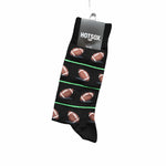 Black men's socks with football and green line pattern.