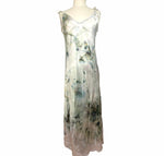 Tie dyed satin slip dress with leather ties. Ankle length.