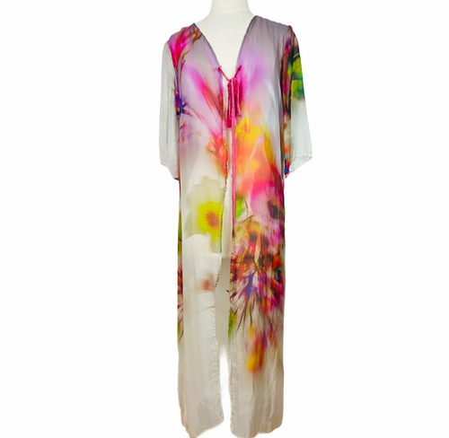 Bright multi colored silk Kaftan that ties in the front