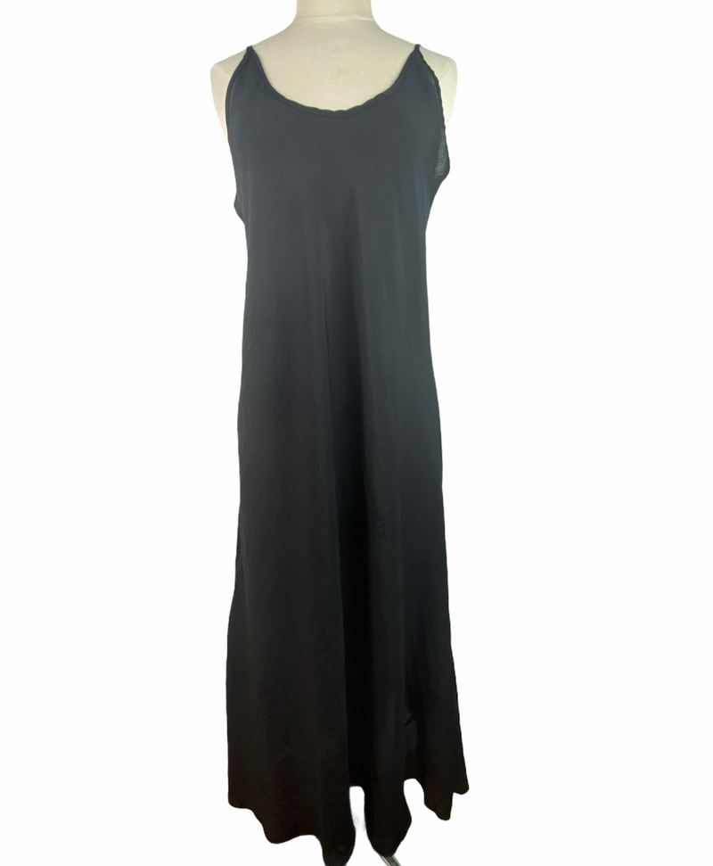 Black Slip dress on dress form, ankle length with spaghetti straps