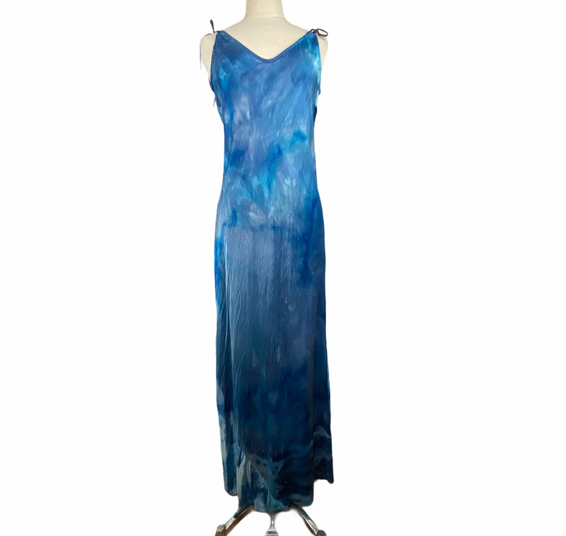 Satin Bias Cut Slip Dress in Ocean Blue Tie Dye