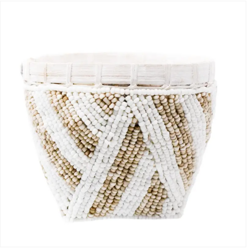 Small 4" hand wover and hand beaded basket. White and tan beads are arranged in horizontal stripes. 