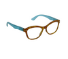 The Monterey Bay, by Peepers, are a cat-eye shape frame with a honey tortoise front and teal side arms.