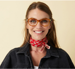 A woman modeling the Monterey Bay frames, by Peepers.
