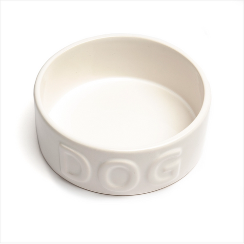 6.26" classic white dog food bowl with embossed word 'DOG'.