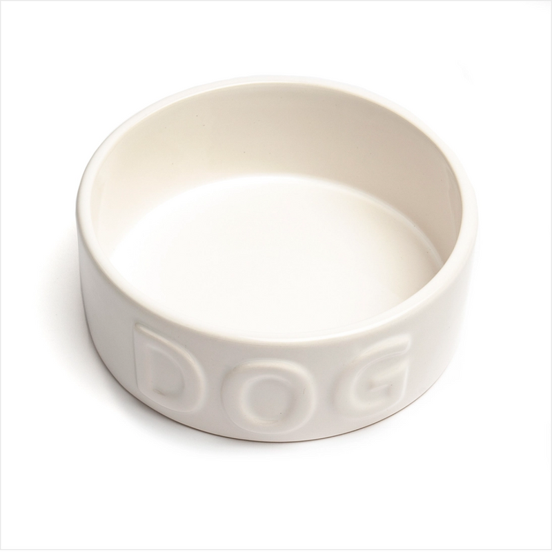6.26" classic white dog food bowl with embossed word 'DOG'.