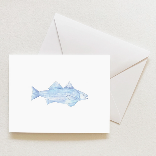 This greeting card has the image of a watercolor blue fish on the front with a white background. Comes with a white envelope.