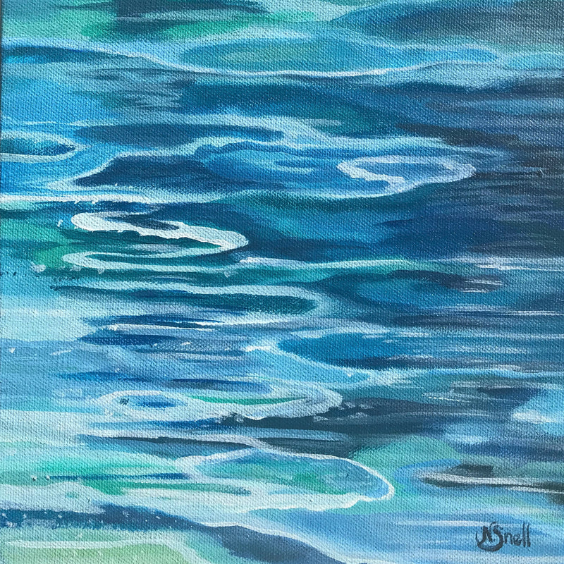 This acrylic painting is impressionistic in style depicting water with various shades of blue and white. The feeling is serene and soothing.
