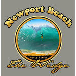 Newport Beach, the Wedge, round shaped art, green tint, bodysurfer at Wedge beach, Newport Beach, art by local artist Rick Rietveld