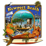 Square shaped art, blue tint, bodysurfer at Wedge beach, Newport Beach, mermaid lounging on surfboard, orange and orange slice, welcome to Balboa sign, seagull, Balboa Pavilion and palm tree, art by local artist Rick Rietveld