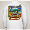 Back of long sleeved white t-shirt,  square shaped art, blue tint, bodysurfer at Wedge beach, Newport Beach, mermaid lounging on surfboard, orange and orange slice, welcome to Balboa sign, seagull, Balboa Pavilion and palm tree, art by local artist Rick Rietveld