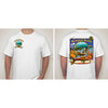 Front and Back of white t-shirt, square shaped art on back, round shaped art on front, blue/green tint, bodysurfer at Wedge beach, Newport Beach, mermaid lounging on surfboard, orange and orange slice, welcome to Balboa sign, seagull, Balboa Pavilion and palm tree, art by local artist Rick Rietveld 