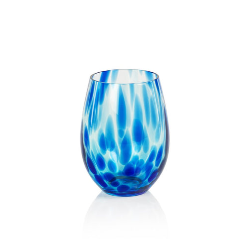 These stemless blue tortoise colored, all purpose glasses are 3.5" in diameter and 4.5" in height.