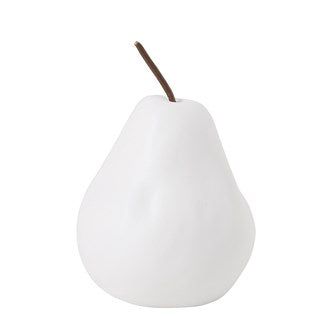 This stone ware pear has a matte white finish. it is 4.75"round x 5.25" in height.
