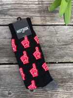 Black men's socks with red #1 foam finger pattern.