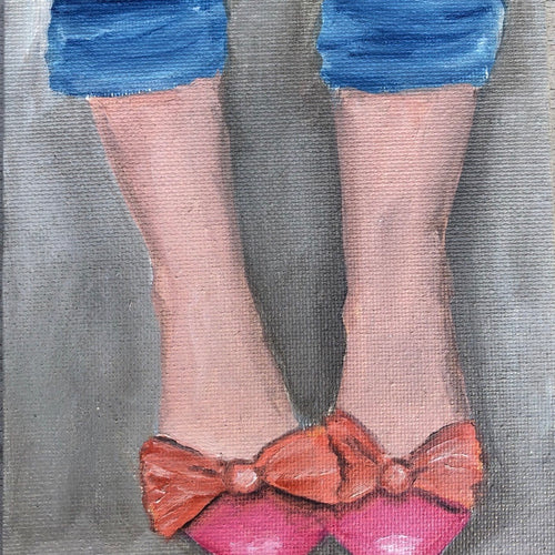 5 x 7" oil painting on wood panel of a pair of legs with pink and orange shoes 