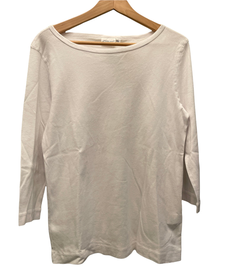 cream 3/4 sleeve t-shirt with circular neck on a hanger