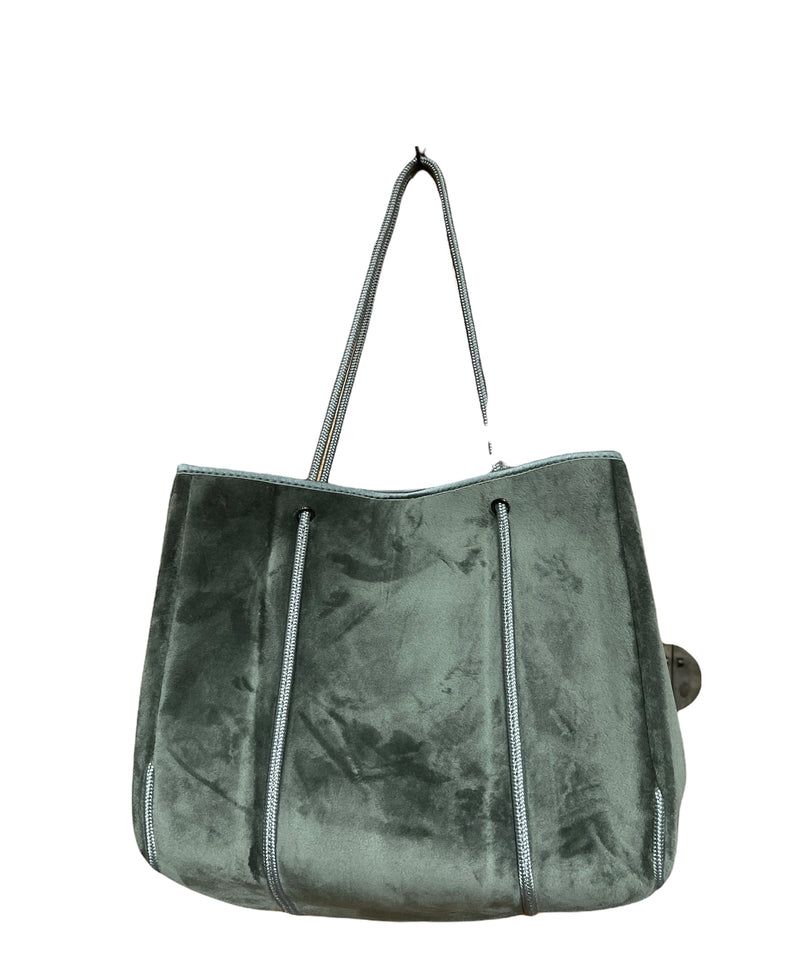 large olive green velvety bag with narrow green rope strap. The straps also decorate the pouch as they loop around