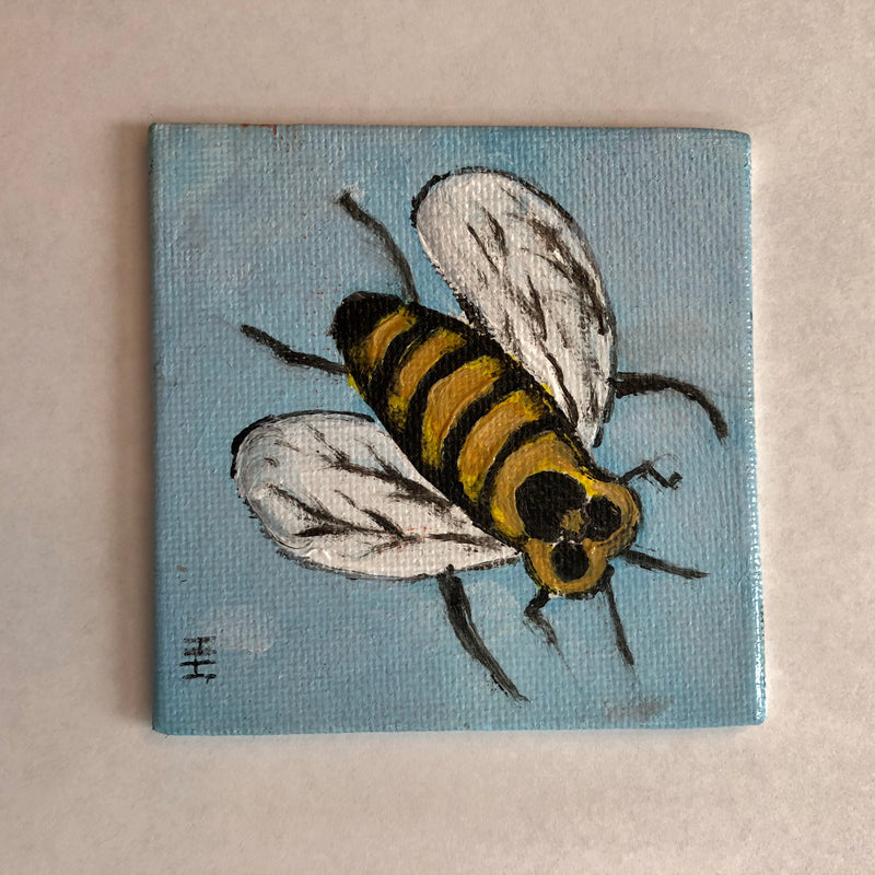 3 x 3" canvas oil painting of a gold, black and white bee with blue background includes easel. 