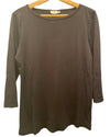 3/4 sleeve brown cotton circle neck T shirt on a hanger