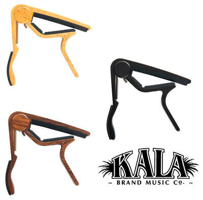 3 Ukulele Capos in Bamboo, Mahogany, and Black images with side view and Kala logo. 