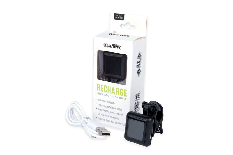 Black tuner in box and outside of box with white charging chord. 