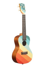 Far out ukulele with rainbow color print and white background