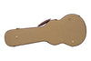 Tweed woven texture ukulele case with shiny brass hardware rear display with footing. 