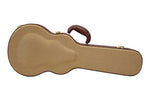 Tweed woven texture ukulele case with shiny brass hardware front display with beveled front. 